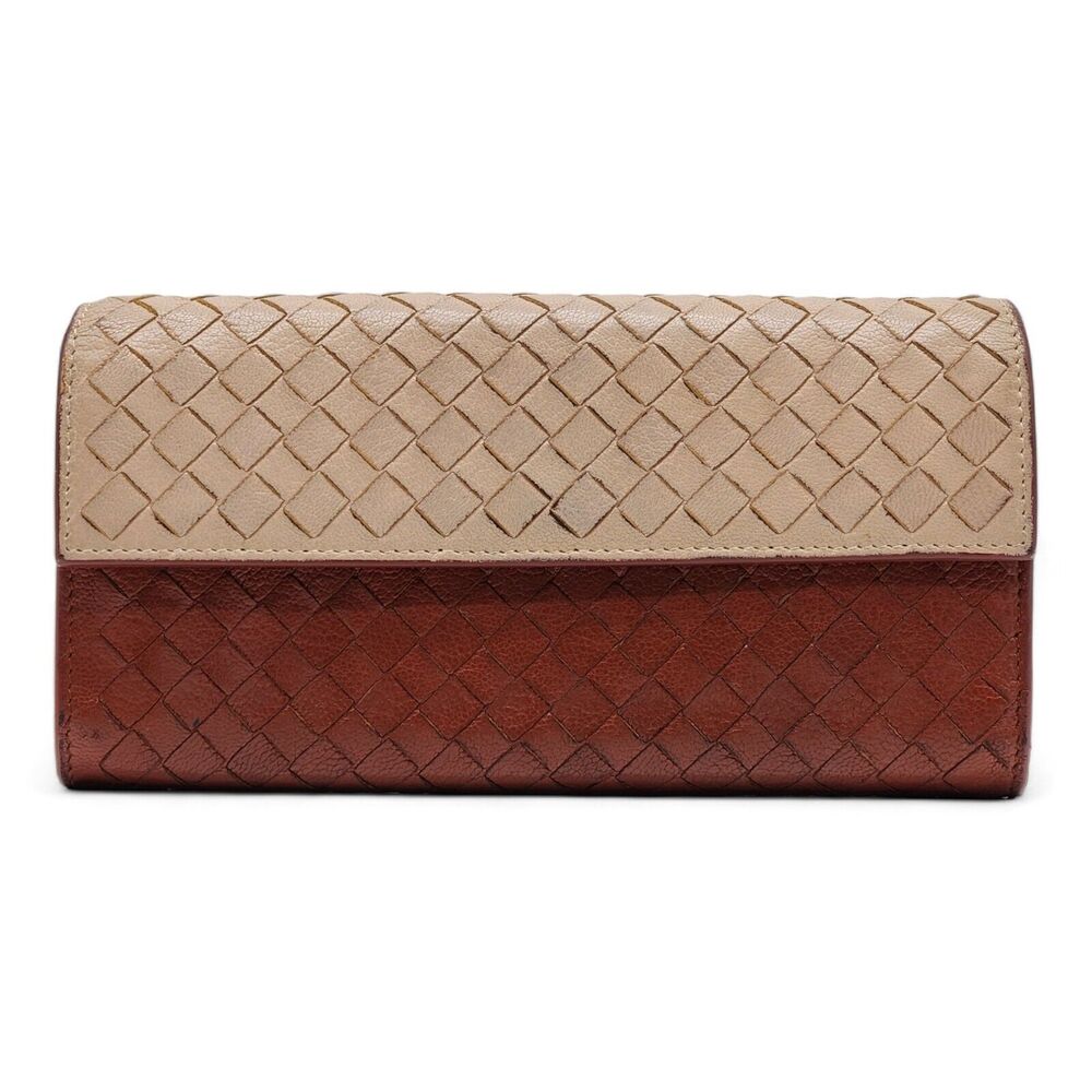 Bottega Veneta Intrecciato Unisex Leather Long Wallet 150509 Beige and Brown